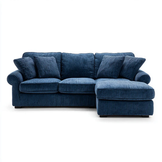 Sofa, Kanapa narożna 3 granatowe miejsca w aksamicie poliestrowym z krzesełkiem z prawej strony 250 x 160 x 85 cm