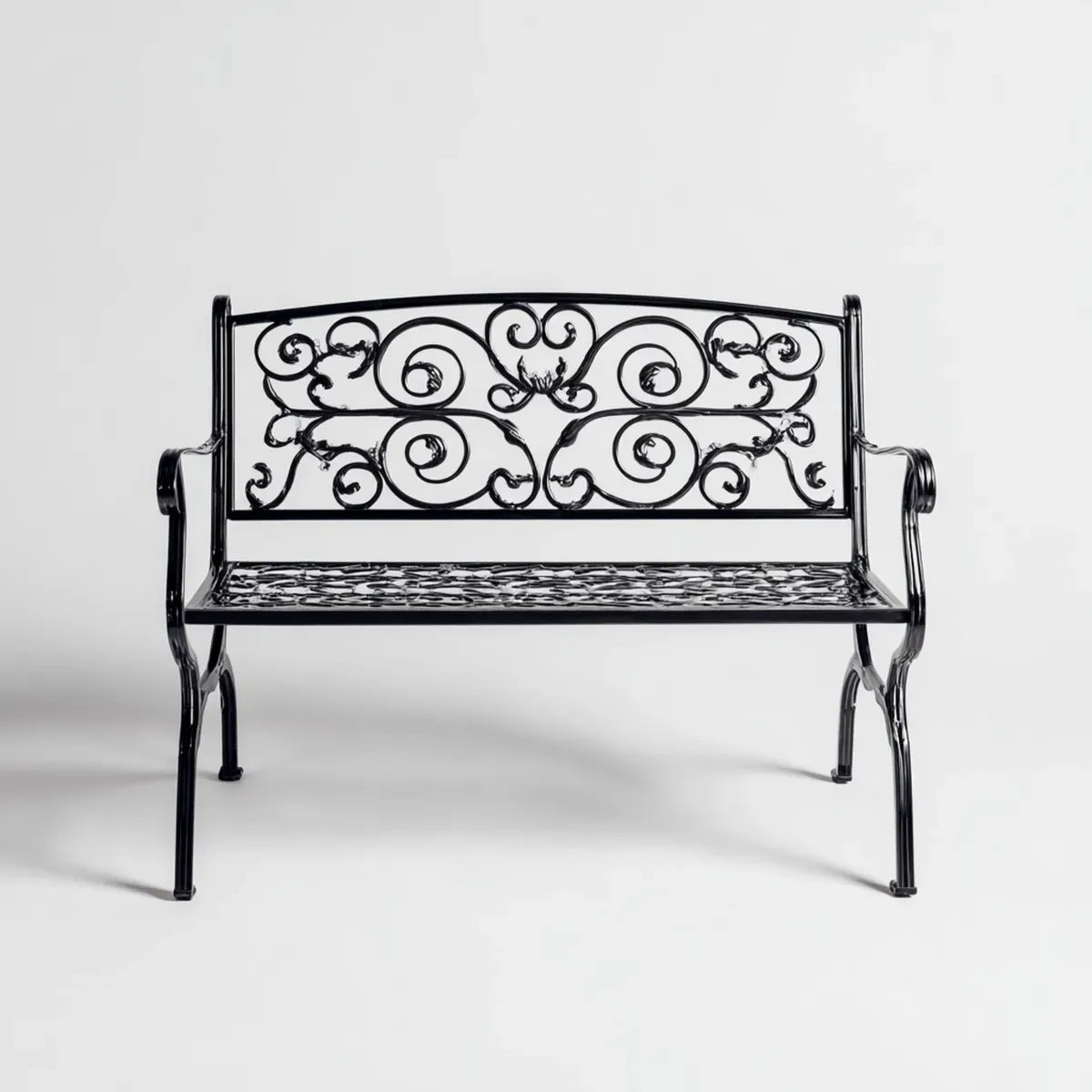 Ławka ogrodowa 2 czarne siedzenia w prostokątnej kutej stali 127 x 61 x 93 cm