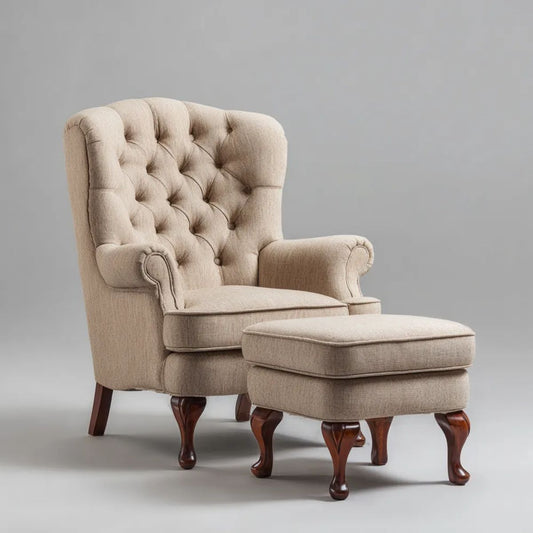 Fotel, Beżowy poliestrowy fotel z podnóżkiem, 78 × 86 × 108 cm i 58 × 43 × 42 cm