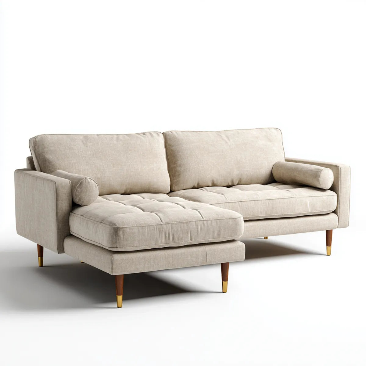 Sofa, Kanapa narożna 3 fotele z krzesełkiem na lewo beżowy poliester 250 x 160 x 85 cm