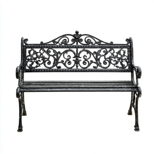 Ławka ogrodowa 2 czarne siedzenia w prostokątnym odlewie z żeliwa 127 x 63 x 87 cm